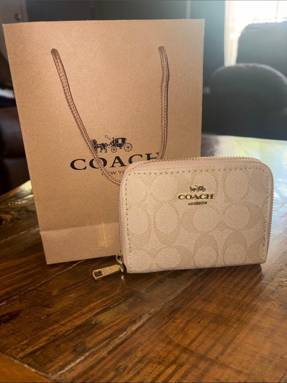 Coach Signature Zip Wallet in Light Beige with Gold Hardware